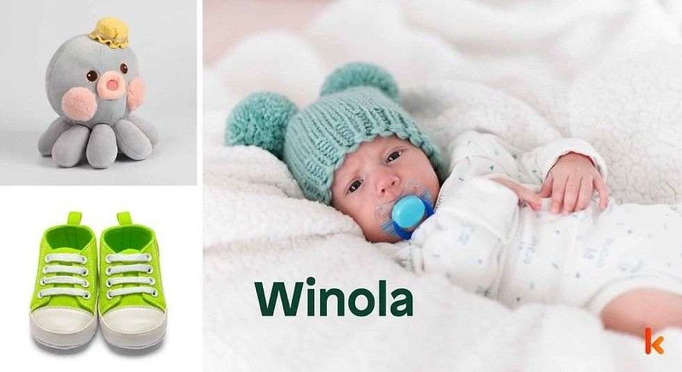 Baby Name Winola - cute baby, shoes, and toys.
