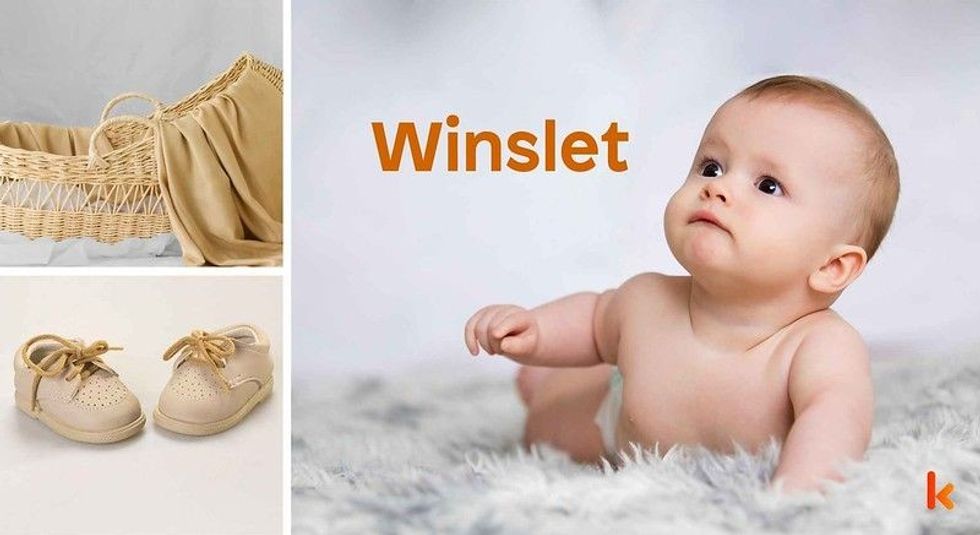 Baby Name Winslet - cute baby, shoes and cradle.