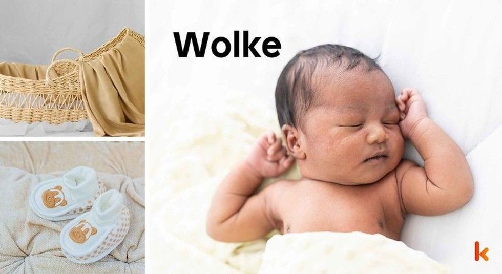 Baby Name Wolke - cute baby, shoes and cradle.