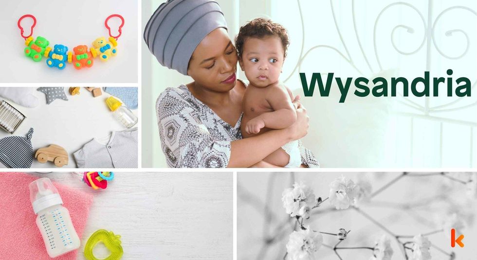 Baby name Wysandria - cute baby, toys, clothes, bottle & flowers