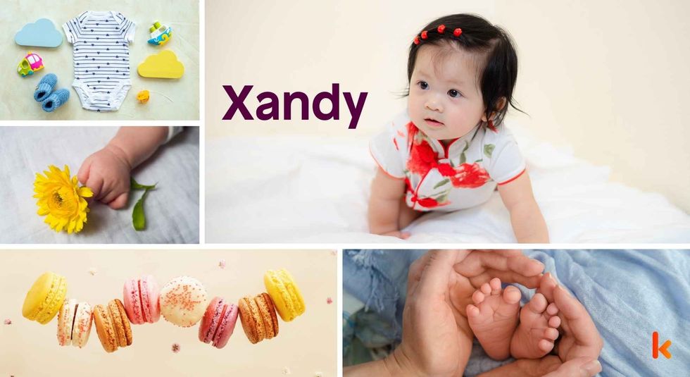 Baby name Xandy - cute baby, baby feet, clothes, macarons & flower.