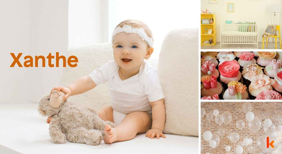 Baby name Xanthe - Cute baby, tiara, cupcakes, room & balloons.