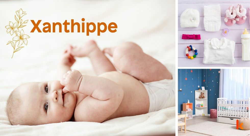 Baby name Xanthippe - cute baby, flowers, shoes and toys.