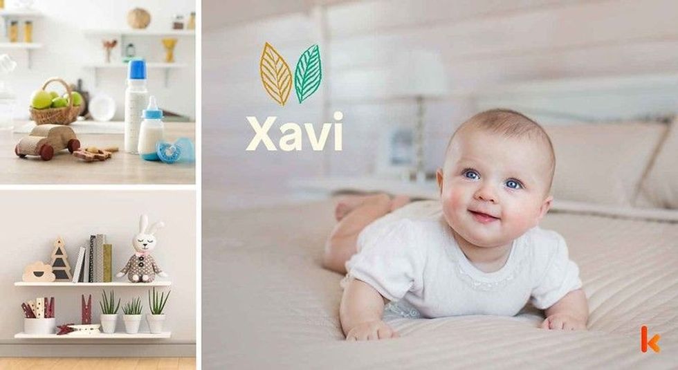 Baby name Xavi - cute baby, wooden toys, bunny & plants