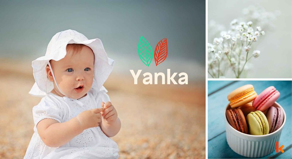 Baby name Yanka - Cute baby, macarons, sand & flowers.