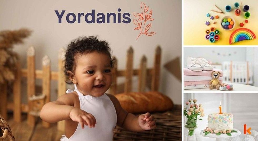 Baby name Yordanis - cute baby, baby clothes, baby color toys & baby dessert.