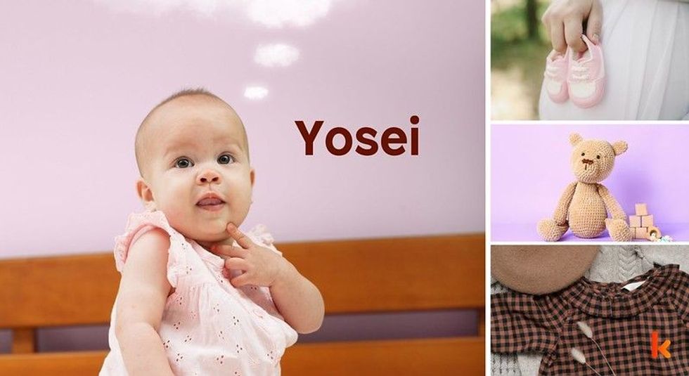 Baby Name Yosei - cute baby, flowers, dress, shoes and toys.