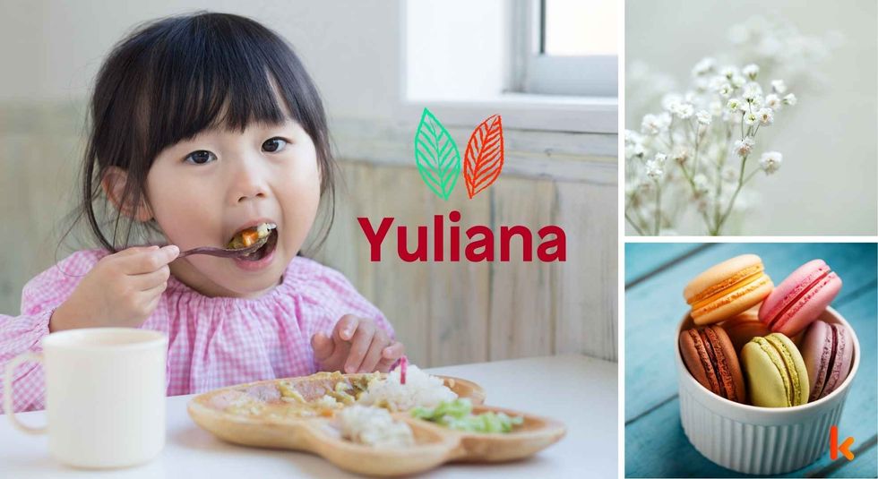 Baby name Yuliana - Cute girl, macarons, baby food & flowers.