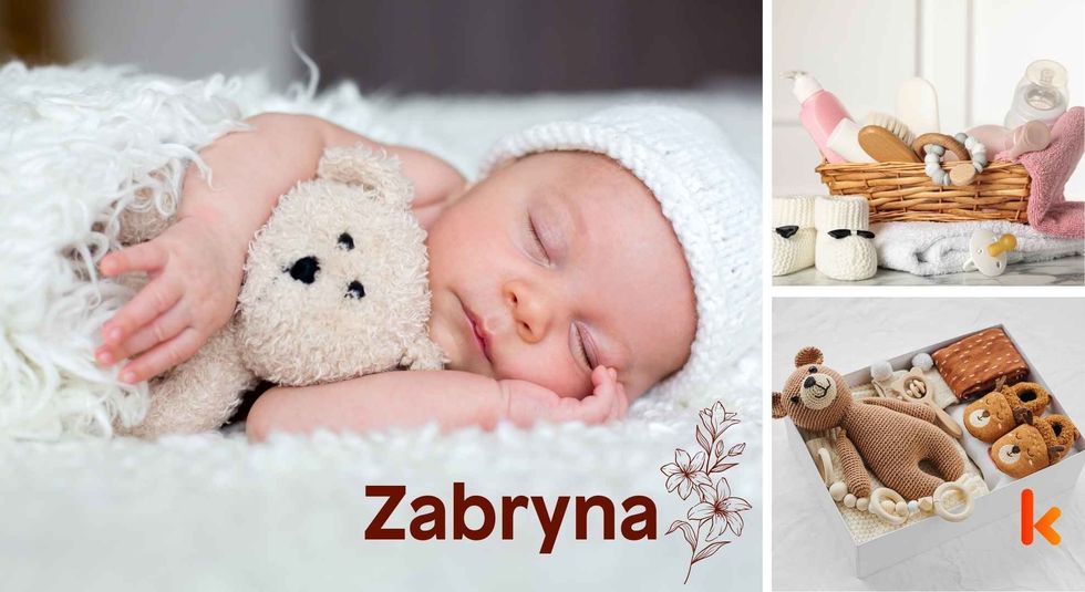 Baby name Zabryna - cute baby, basket & toys