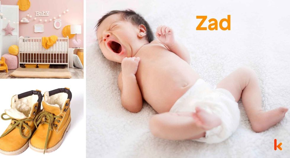 Baby Name Zad - cute baby, shoes and cradle.