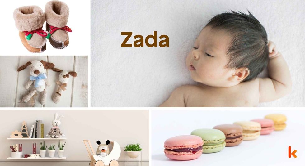 Baby Name Zada - cute baby, flowers, shoes, macarons and toys.