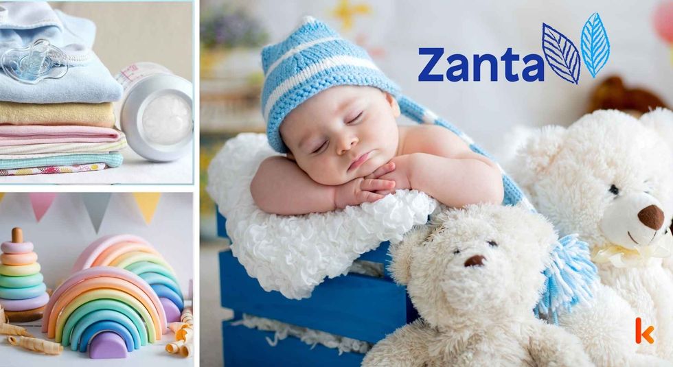Baby name Zanta - cute baby, fur toys, clothes and rainbow