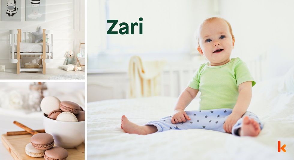 Baby name Zari - cute baby, flowers, clothes, crib, accessories and toys.
