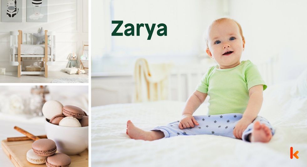 Baby name Zarya - cute baby, flowers, clothes, crib, accessories and toys.