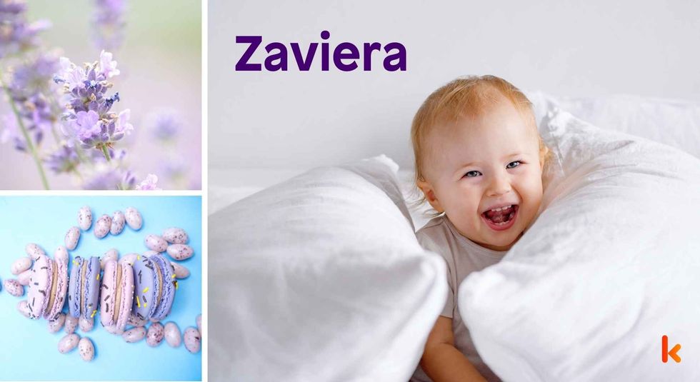 Baby name Zaviera - cute baby, flowers, macarons