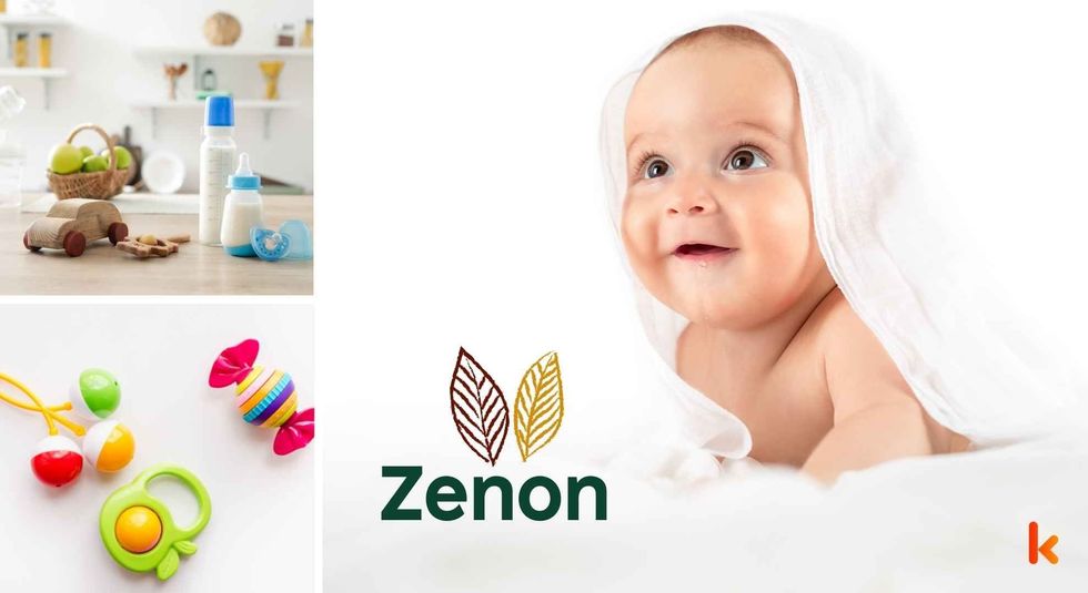 Baby name Zenon - cute baby, wooden toys, milk bottle & teethers.