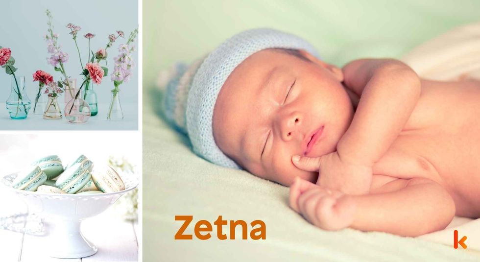Baby name Zetna - cute baby, flowers, macarons