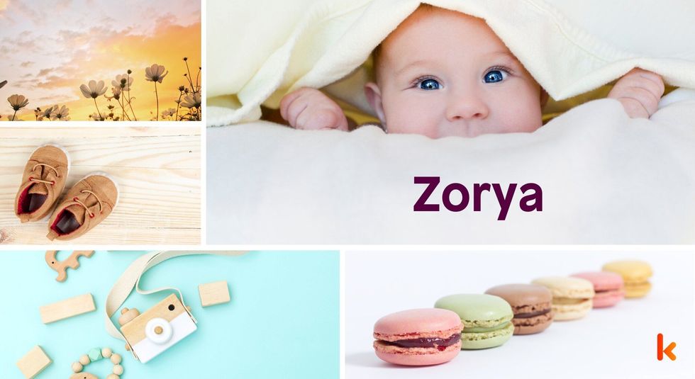 Baby Name Zorya - cute baby, flowers, shoes, macarons and toys.