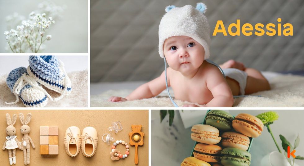 Baby Names Adessia - Cute , baby, knitted, cap, booties, macrons, flowers.