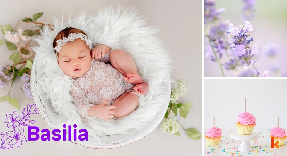 Baby Names Basilia - Cute, baby, basket, cupcakes, flowers & tiara.