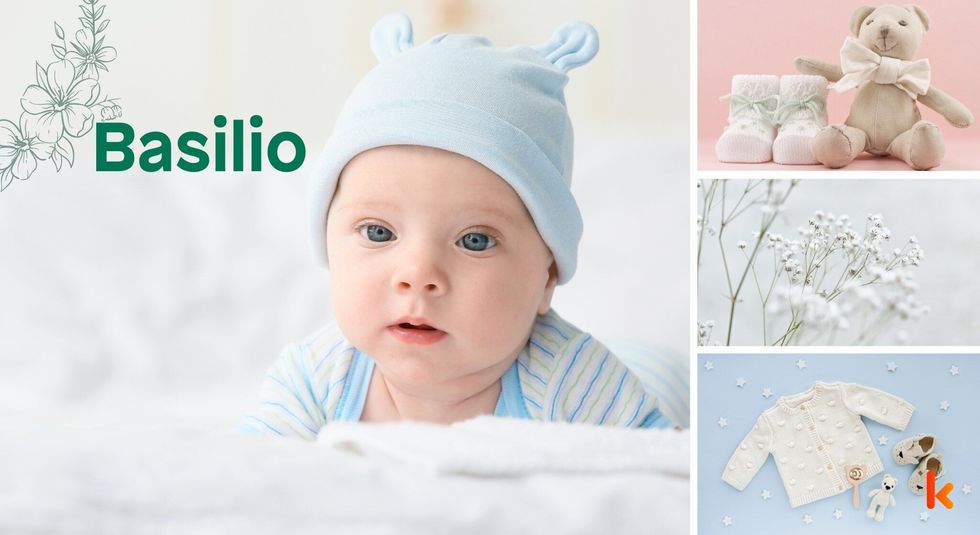 Baby Names Basilio - Cute, baby, blue , woolen, cap, knitted , booties, flowers & toys.