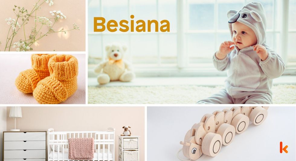 Baby Names Besiana - Cute, baby, yellow,blue, flowers, toys, knitted, booties, crib.