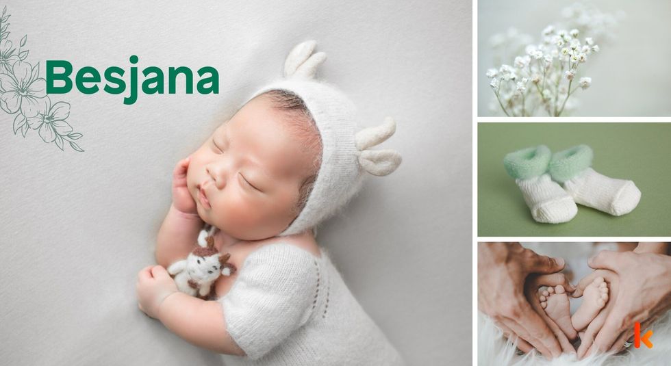 Baby Names Besjana - Cute, baby, green, flowers, toys, heart, booties, knitted, white, heart, arms holding.