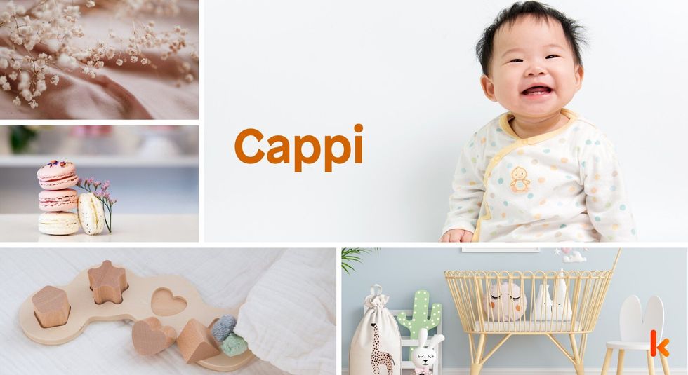 Baby Names Cappi - Cute baby, smiling, macrons & toys.
