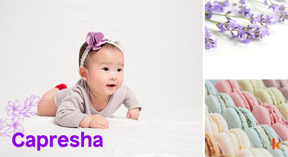 Baby Names Capresha - Cute baby, purple headband bow & macrons.