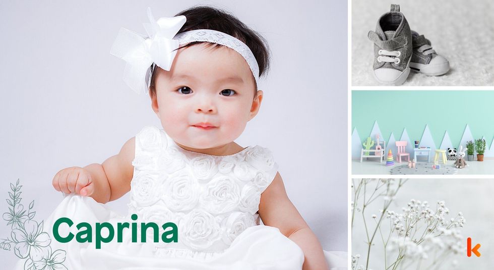 Baby Names Caprina - Cute baby, white headband bow, white frock.