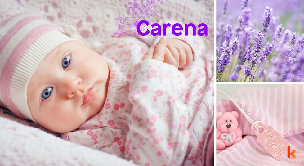 Baby Names Carena - Cute baby, pink floral top, knitted cap & flowers.