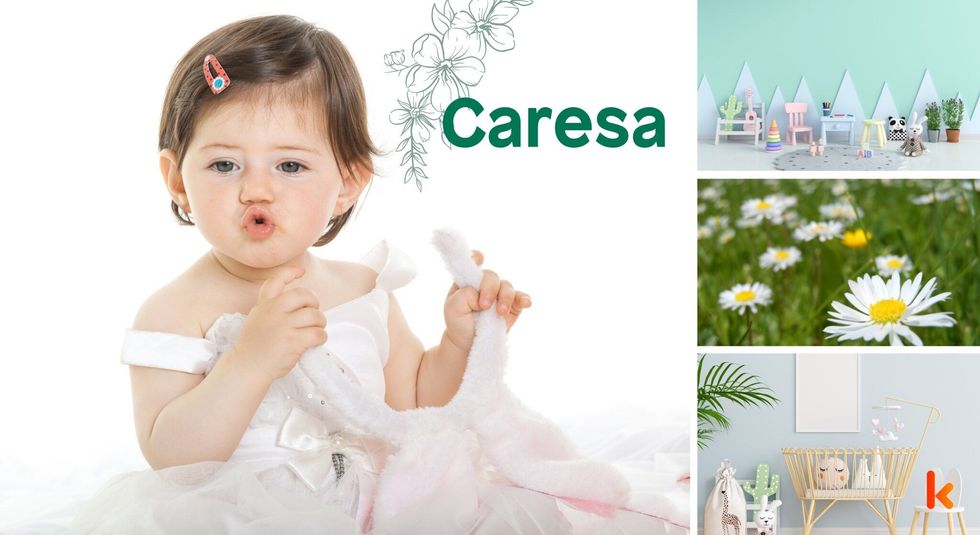 Baby Names Caresa - Cute baby, white frock, play area.