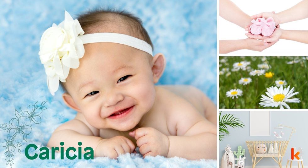 Baby Names Caricia - Cute baby, white bow tiara, arms holding booties.