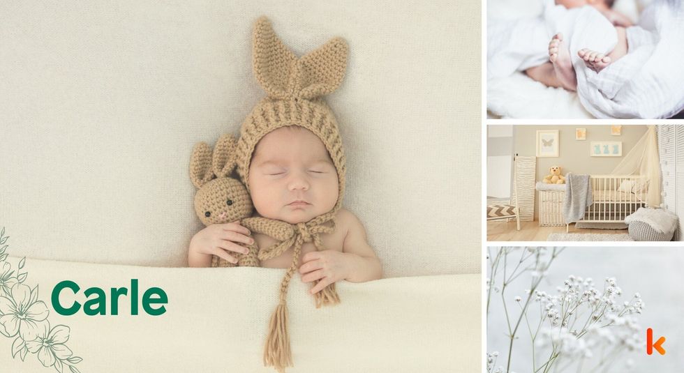 Baby Names Carle - Cute Baby sleeping, knitted cap & teddy bear.