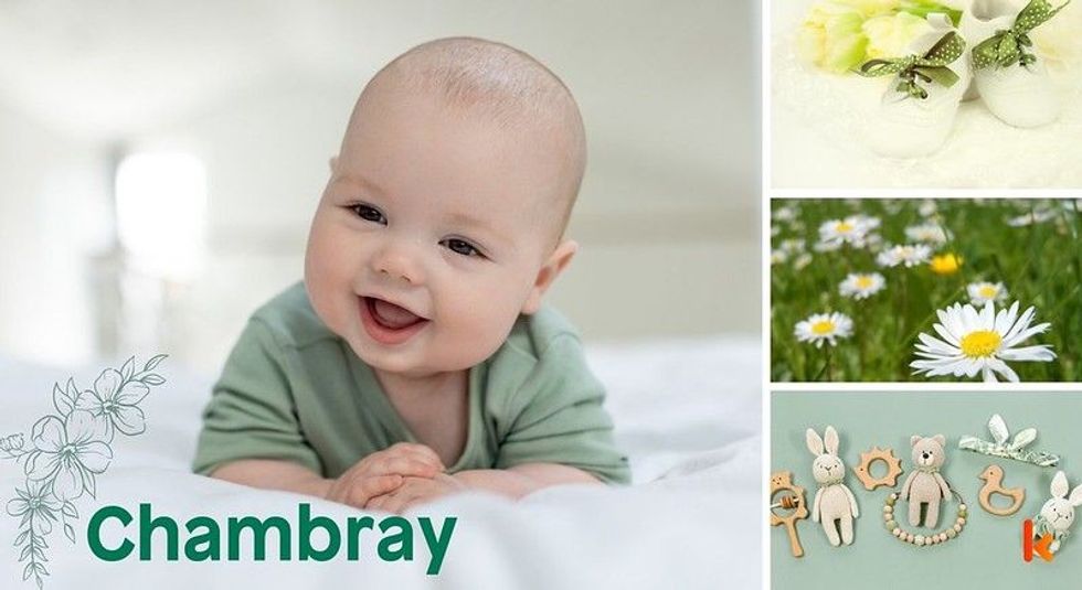 Baby Names Chambray - Cute baby, green romper & toys.