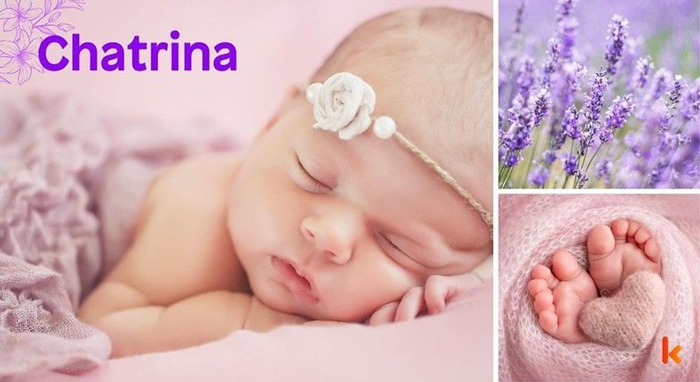 Baby Names Chatrina - Cute baby sleeping, Knitted blanket & heart.