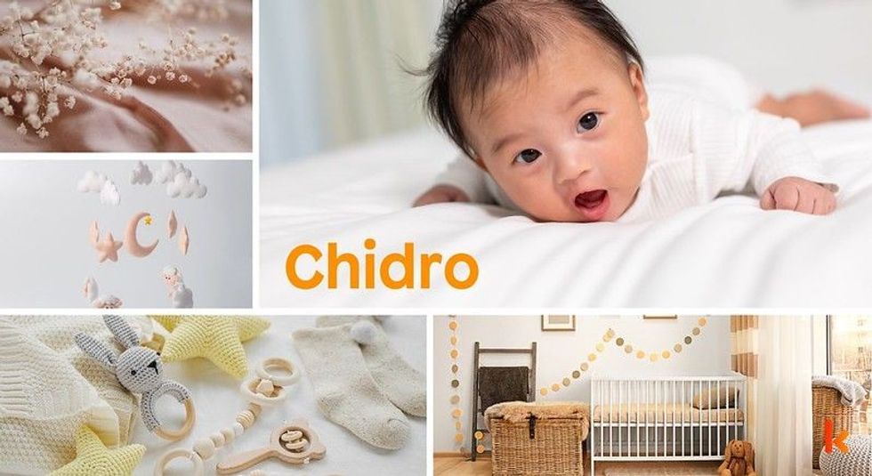 Baby Names Chidro - Cute Baby, Knitted toys & white blanket.