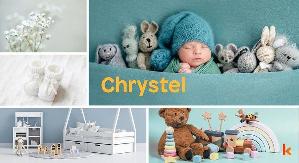 Baby Names Chrystel - Cute baby, blue knitted cap , blanket & toys.