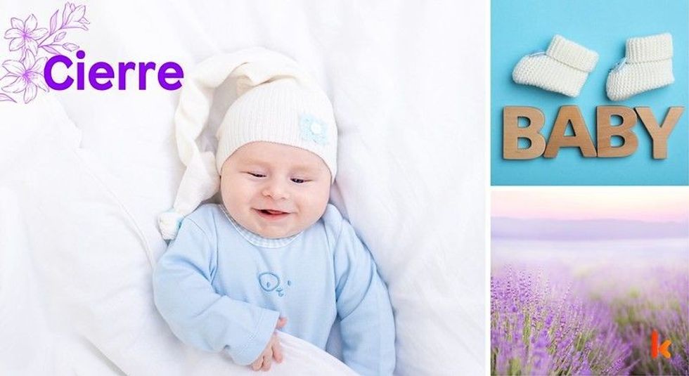 Baby Names Cierre - Cute baby, purple flowers, knitted white booties & cap.
