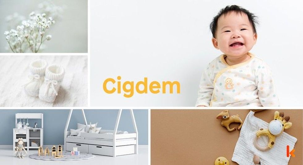 Baby Names Cigdem - Cute baby, yellow romper & toys.
