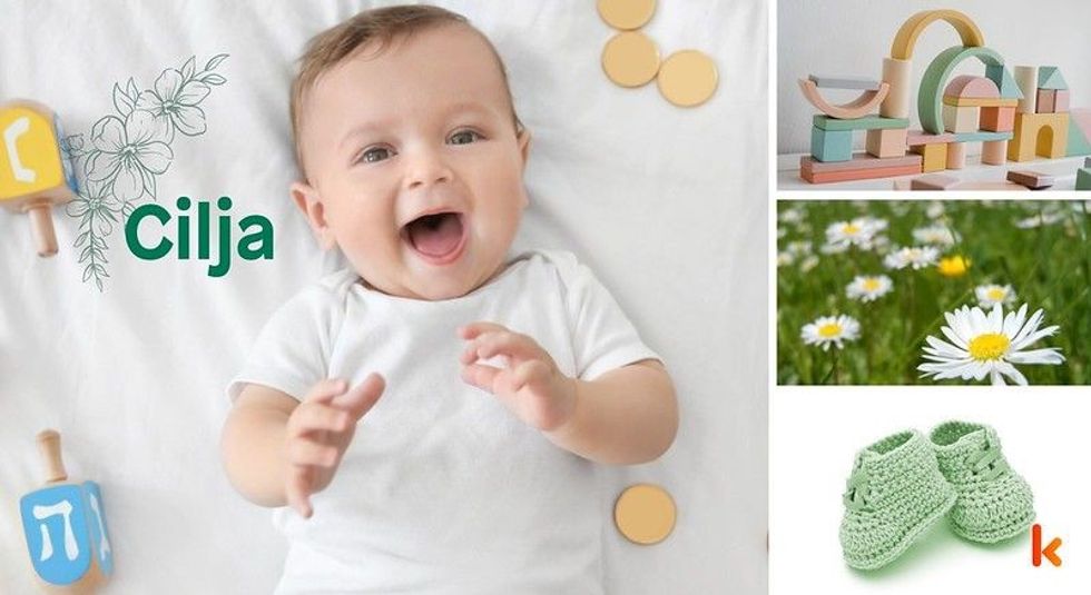 Baby Names Cilja - Cute baby, green booties & toys.
