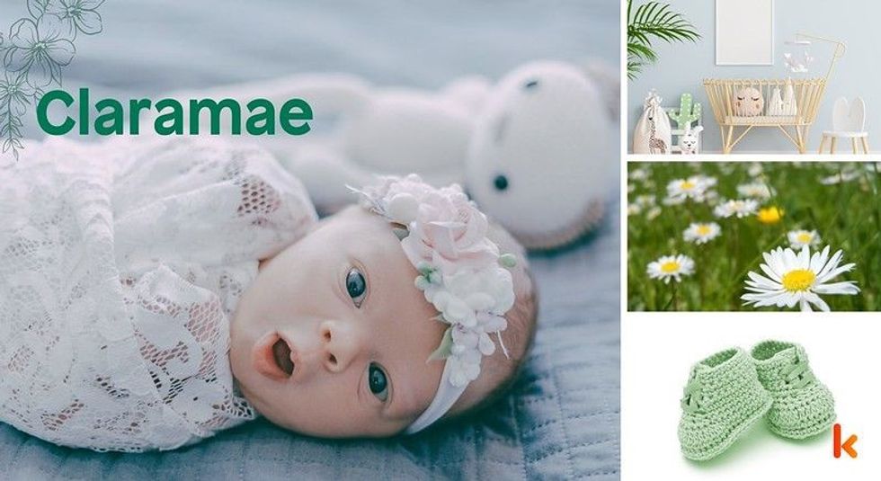 Baby Names Claramae - Cute baby, knitted lace dress & tiara.