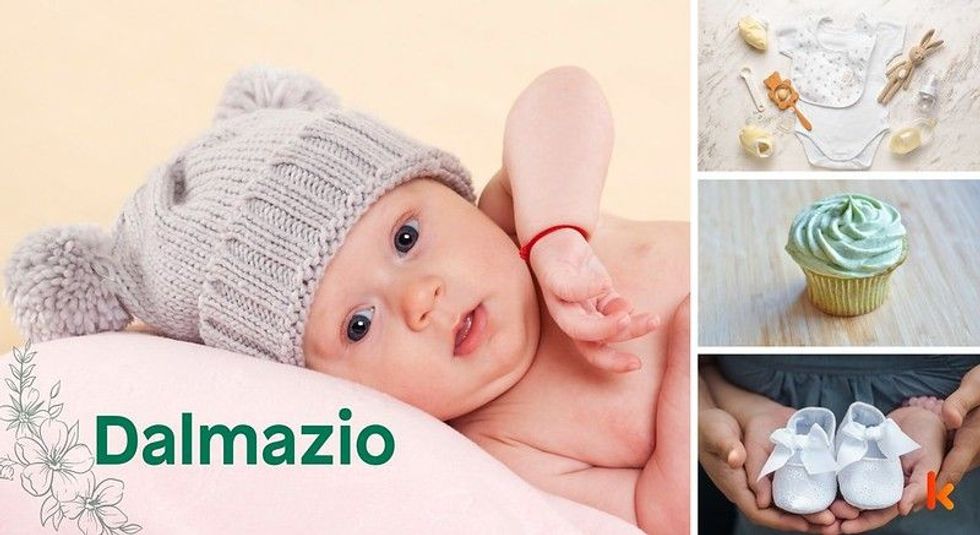Baby Names Dalmazio - Cute Baby, knitted cap & pillow.