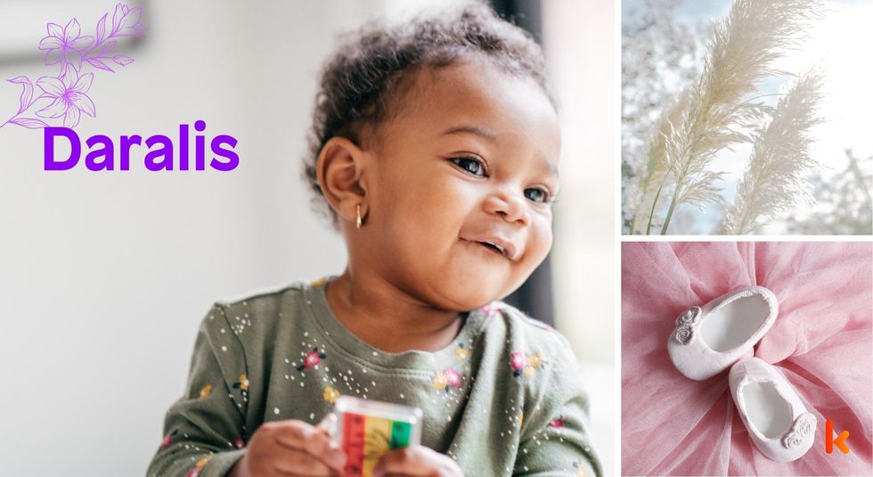 Baby Names Daralis - Cute baby playing, booties & feathers.
