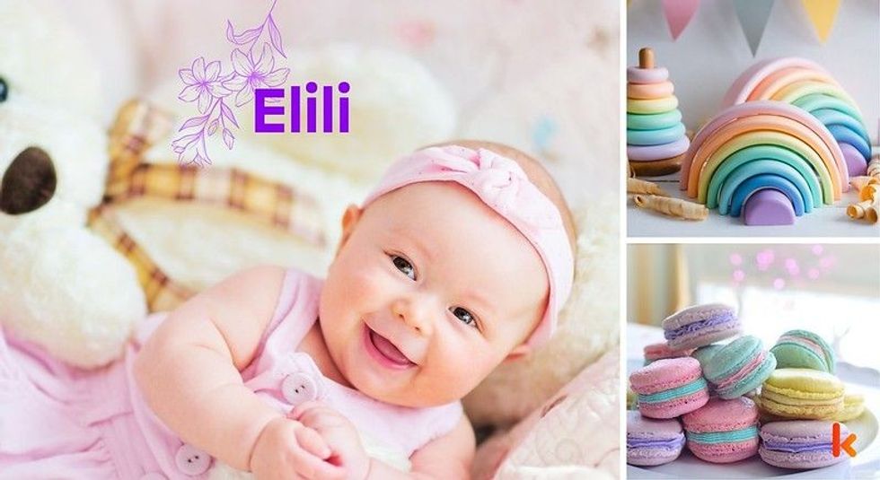 Baby Names Elili - Cute baby, pink dress,headband, macrons & toys.