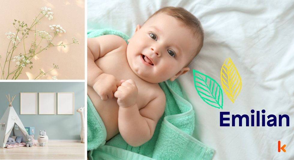 Baby Names Emilian - Cute, Baby, green , room, pastel, blue, yellow, towel, white, flowers.