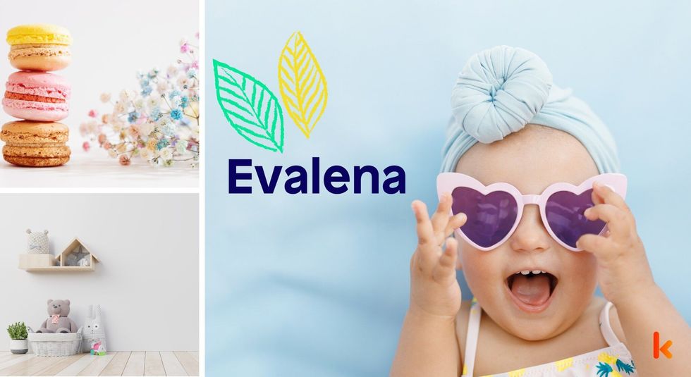 Baby Names Evalena - Cute baby, head wrap, glasses, macrons, toys.