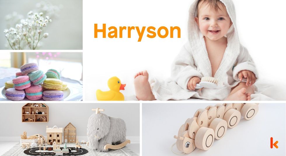 Baby Names Harryson - Cute baby, Bathrobe, duck nursery, toys & macrons.
