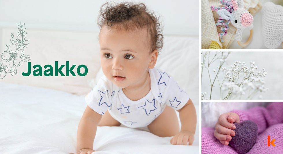 Baby Names Jaakko - Cute baby, romper, knitted, heart, toys & flowers.
