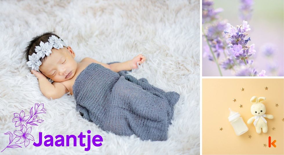 Baby Names Jaantje - Cute baby, knitted cloth, Tiara, bunny & flowers.